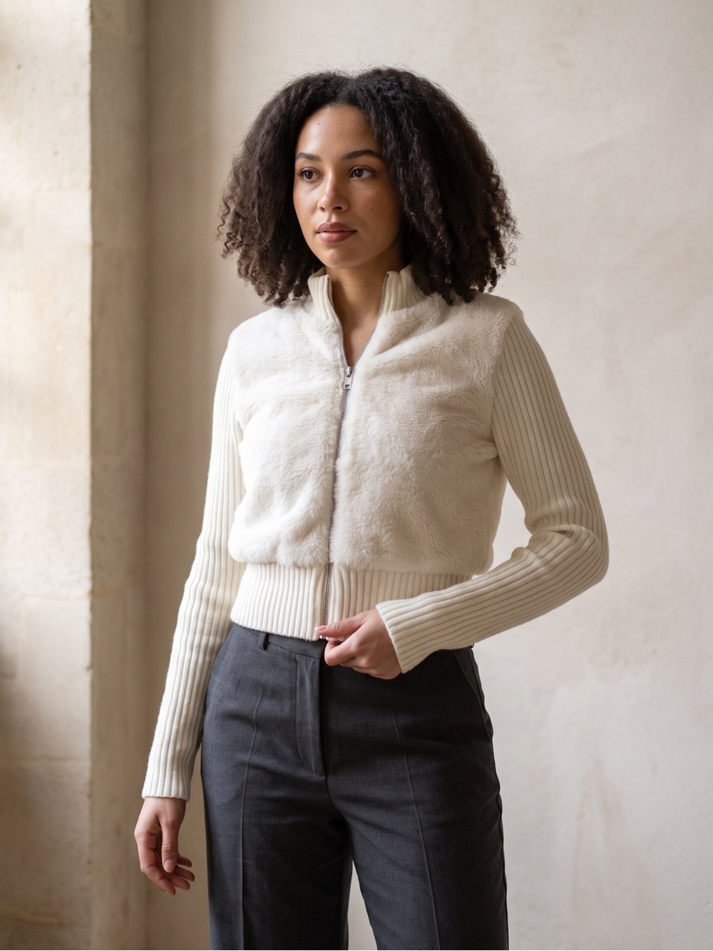 Cream Faux-Fur Knit Bomber Jacket - Picture 4 of 4